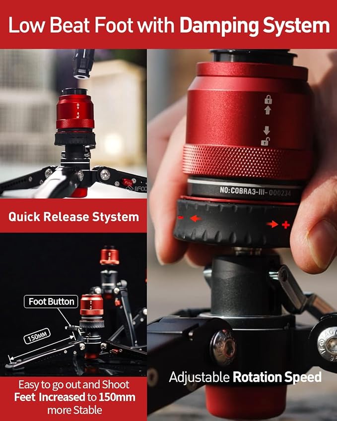 IFOOTAGE Cobra 3 Monopod with Pedal C180F-P with Fulid Head K5S, Carbon Fiber - Image 3