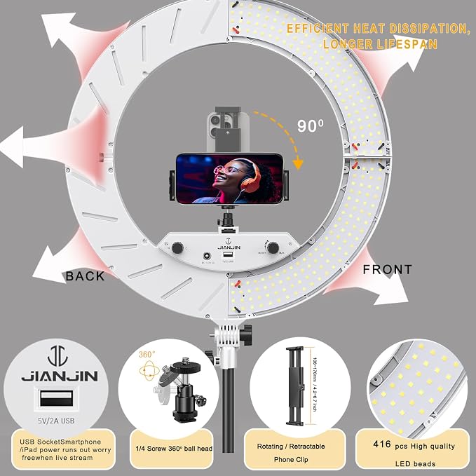 Ring Light Kit:18"/45cm Outer 55W6700k Dimmable LED Light, Tripod Stand - Image 3