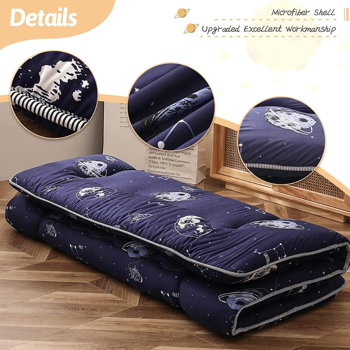 Navy Space Adventure Japanese Floor Futon Mattress, Thicken Tatami Mat Sleeping Pad Foldable Bed Roll Up Mattress Floor Lounger Bed Couches and Sofas for Kids Twin Size