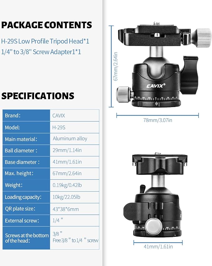 CAVIX Ball Head Mount with 1/4" Screw Arca Type Quick Release Plate 360 Degree - Image 2