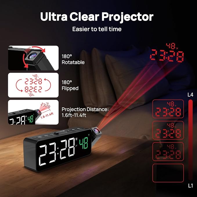Netzu Projection Alarm Clock for Bedroom Ceiling, Small Compact Plug-in Digital - Image 3