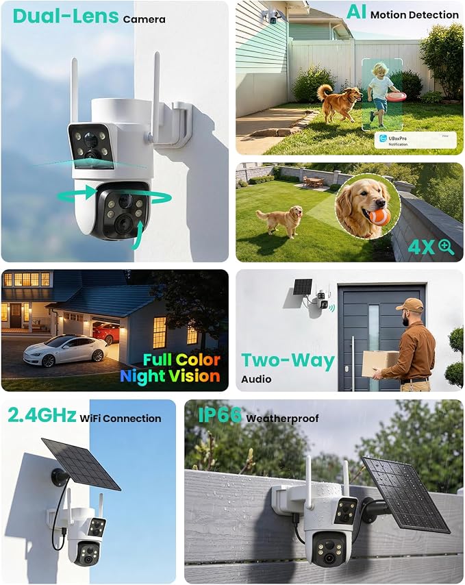 LIWAN Dual Lens Solar Security Camera Wireless Outdoor, 360° PTZ & Fixed Dual - Image 2