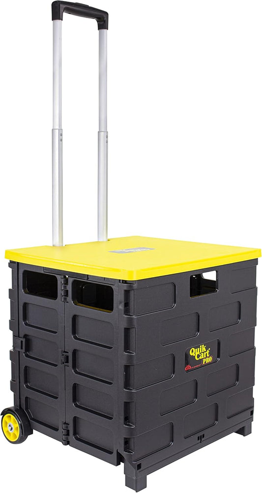 dbest products Quik Cart Pro Wheeled Rolling Crate Teacher Utility with seat Heavy Duty Collapsible Basket with Handle, Yellow