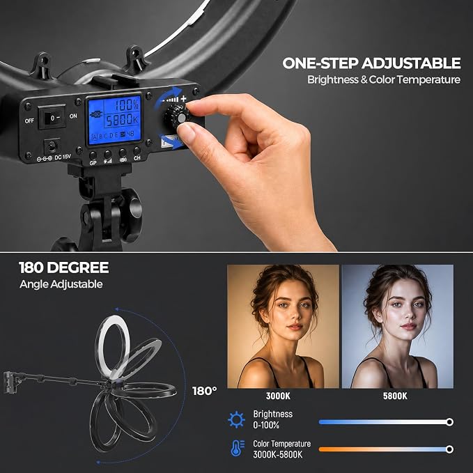 18 Inch Ring Light with Wall Mount Stand, Bi-Color LCD Display 55W 3000-5800K - Image 5