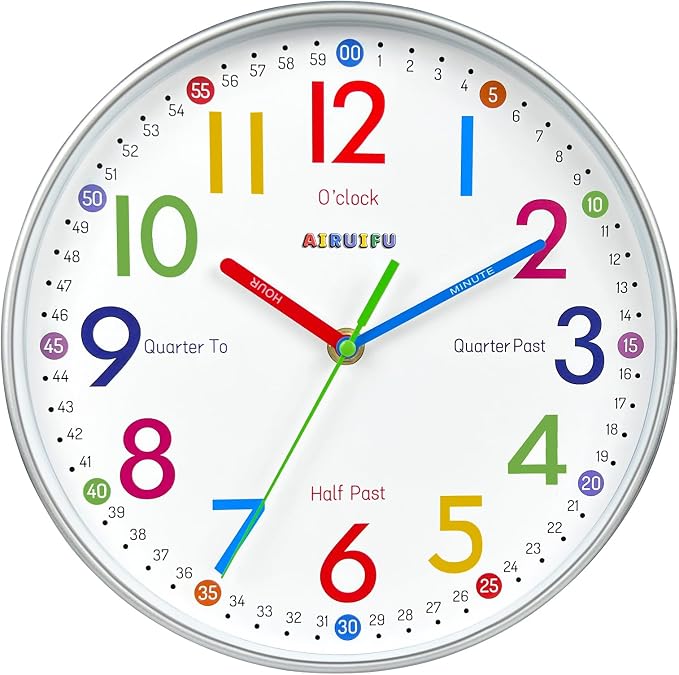Wall Clock for Kids Learning Tell Time Easily Non-Ticking Battery Operated Kids by AIRUIFU