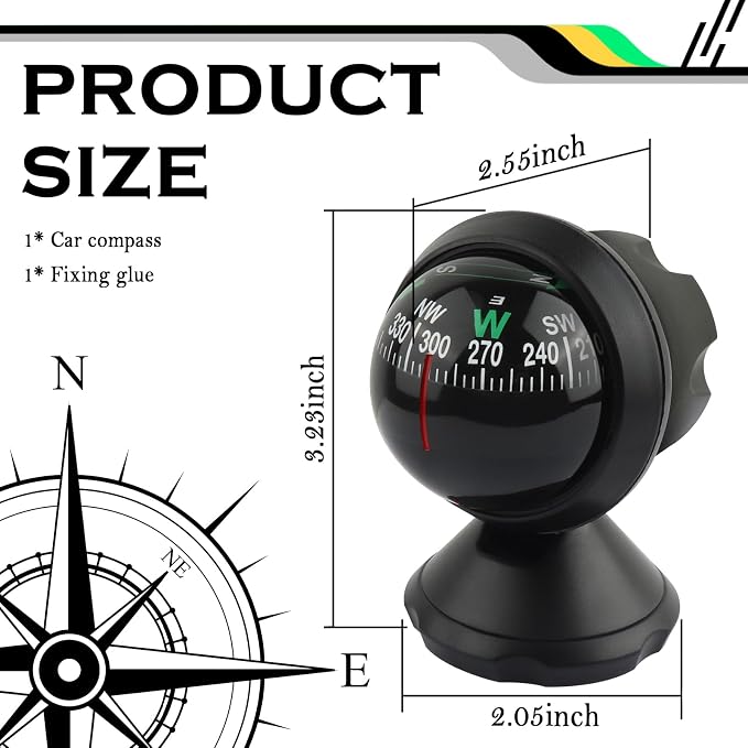 Compass for Car with Bottom Stick Car Compass Ball, Adjustible and Night Vision - Image 2