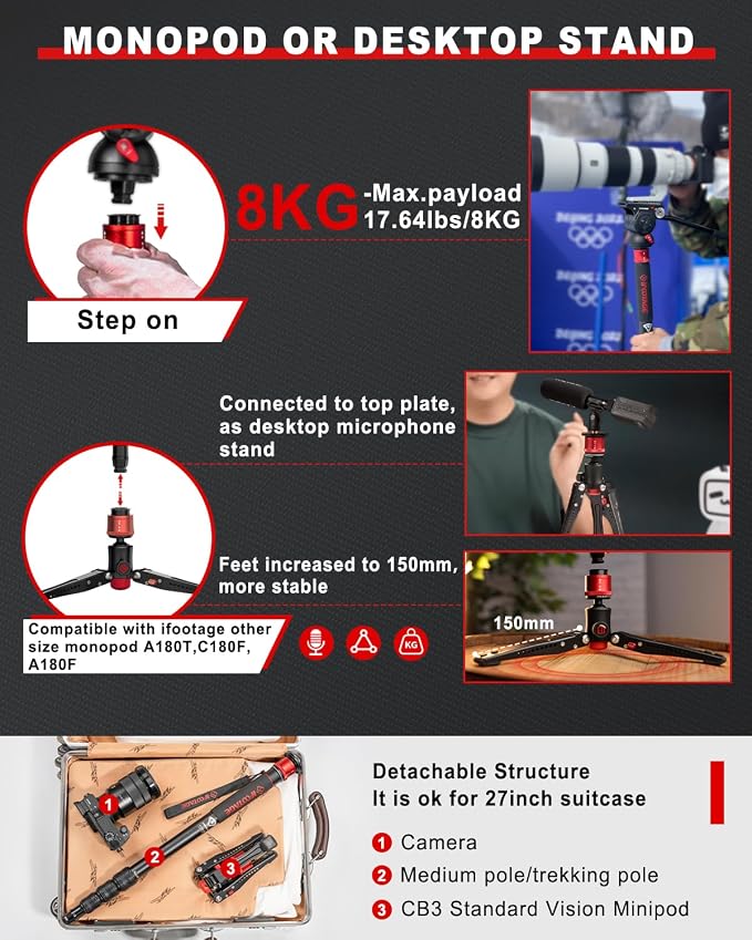 IFOOTAGE Monopod for Camera Cobra 3 A180T, Quick Adjust Monopod - Image 5