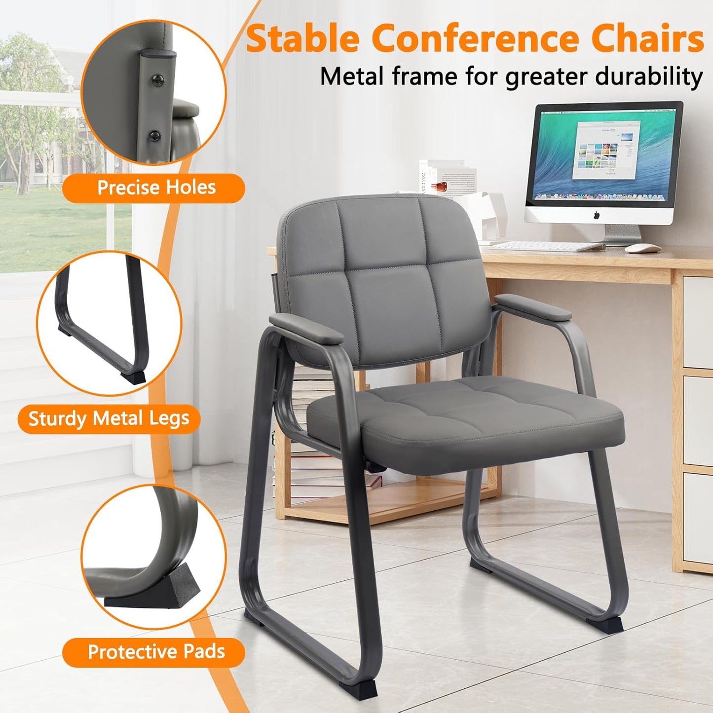 CLATINA Waiting Room Guest Chair with Bonded Leather Padded Arm Rest for Office Reception and Conference Desk Black with Sled Base Grey 2 Pack