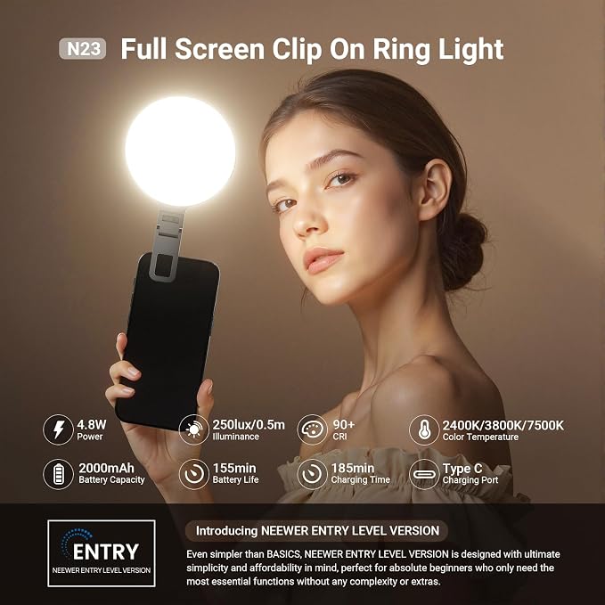 NEEWER Entry Level Version LED Selfie Ring Light, 4.8W Bi Color Edge Lit Clip - Image 3