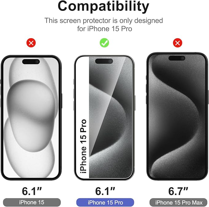 NEW'C 3x for iPhone 15 Pro Screen Protector+ 3x Camera Lens Protector, Sensor - Image 2