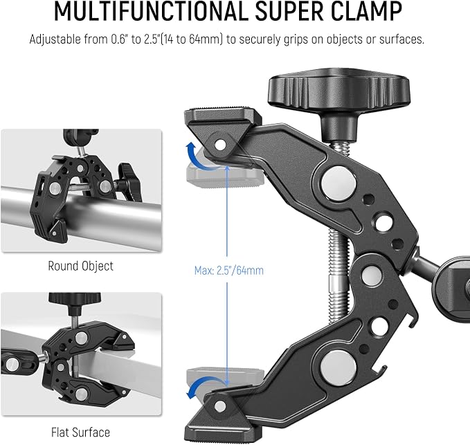 NEEWER Super Clamp with 3" Dual Ballhead Magic Arm, Cold Shoe, 1/4" Threads - Image 3