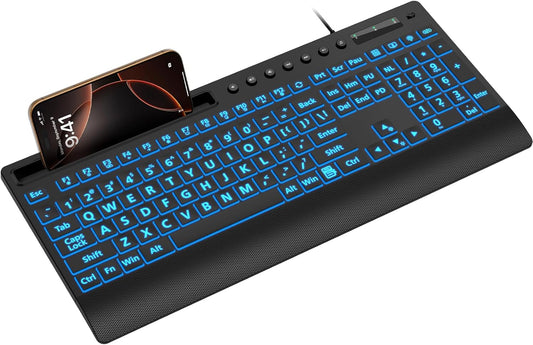 SABLUTE Large Print Backlit Keyboard, USB Wired Computer Keyboard with Backlight Memory Function, Wrist Palm, 7-Color Lighted Office Home Keyboards,Light Up Keyboard for Windows Desktop, Laptop, PC