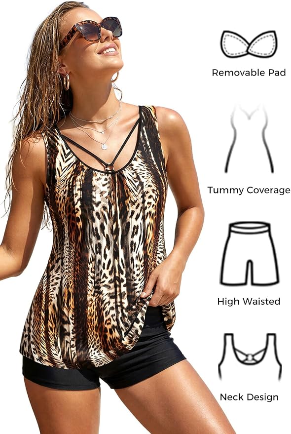 MODLILY Tummy Control Womens Tankini Swimsuits, Two Piece Metal Ring Bathing - Image 6