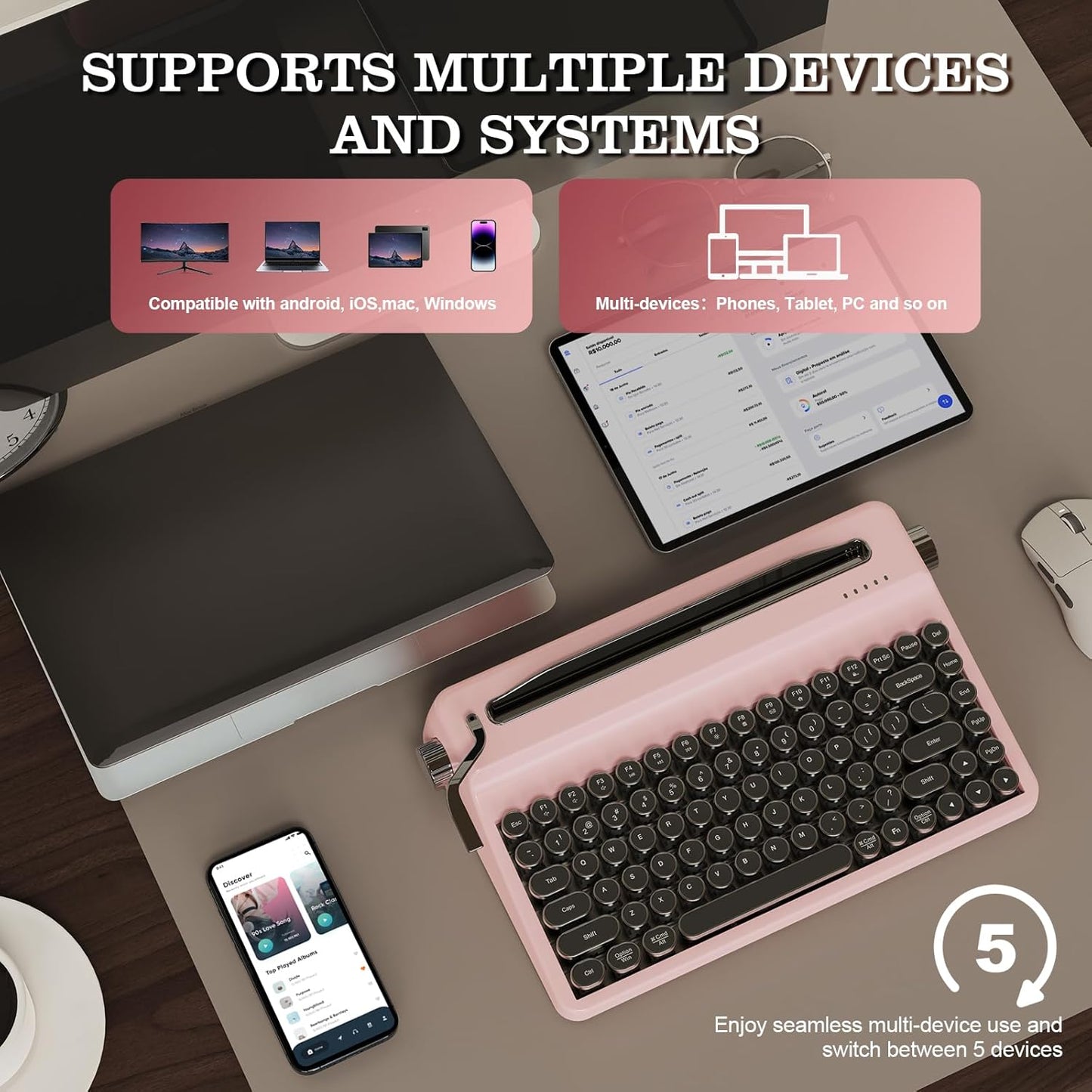 YUNZII QL75 Wireless Typewriter Hot Swap Retro Mechanical Keyboard,Punk Round Keycaps,RGB Backlit QMK/VIA Programmable,Multi-Device Keyboard with 2.4GHz/Type-C/BT5.0 (Pink, Onyx Switch)
