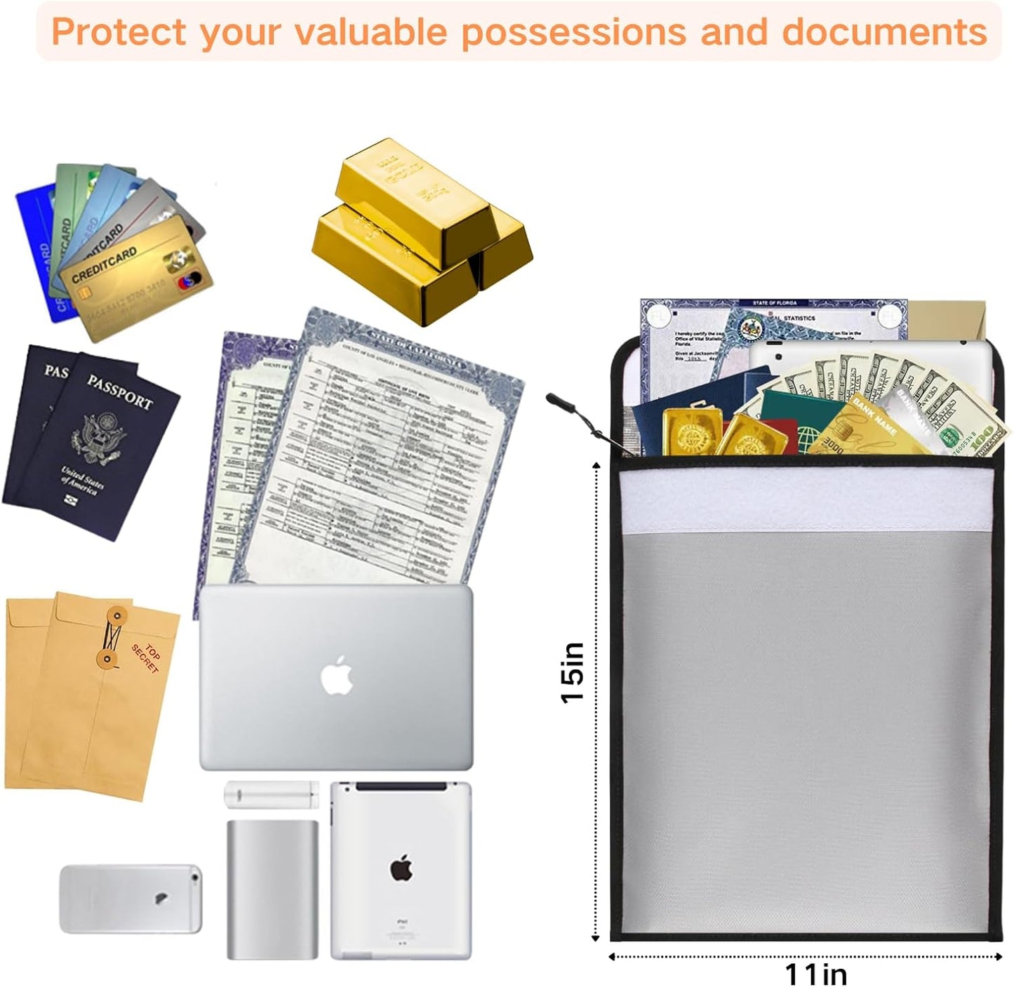 Fireproof Document Bag – Waterproof Fireproof Money Bag for Cash with Zipper, Fireproof Pouch for Important Document Storage | Fireproof Bags for Documents,Money (Silver Gray, Inside Size 15“ x 11")