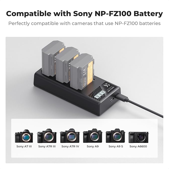 K&F CONCEPT NP-FZ100 Battery Charger, 3-Slot A7iii Camera Battery Charger - Image 3