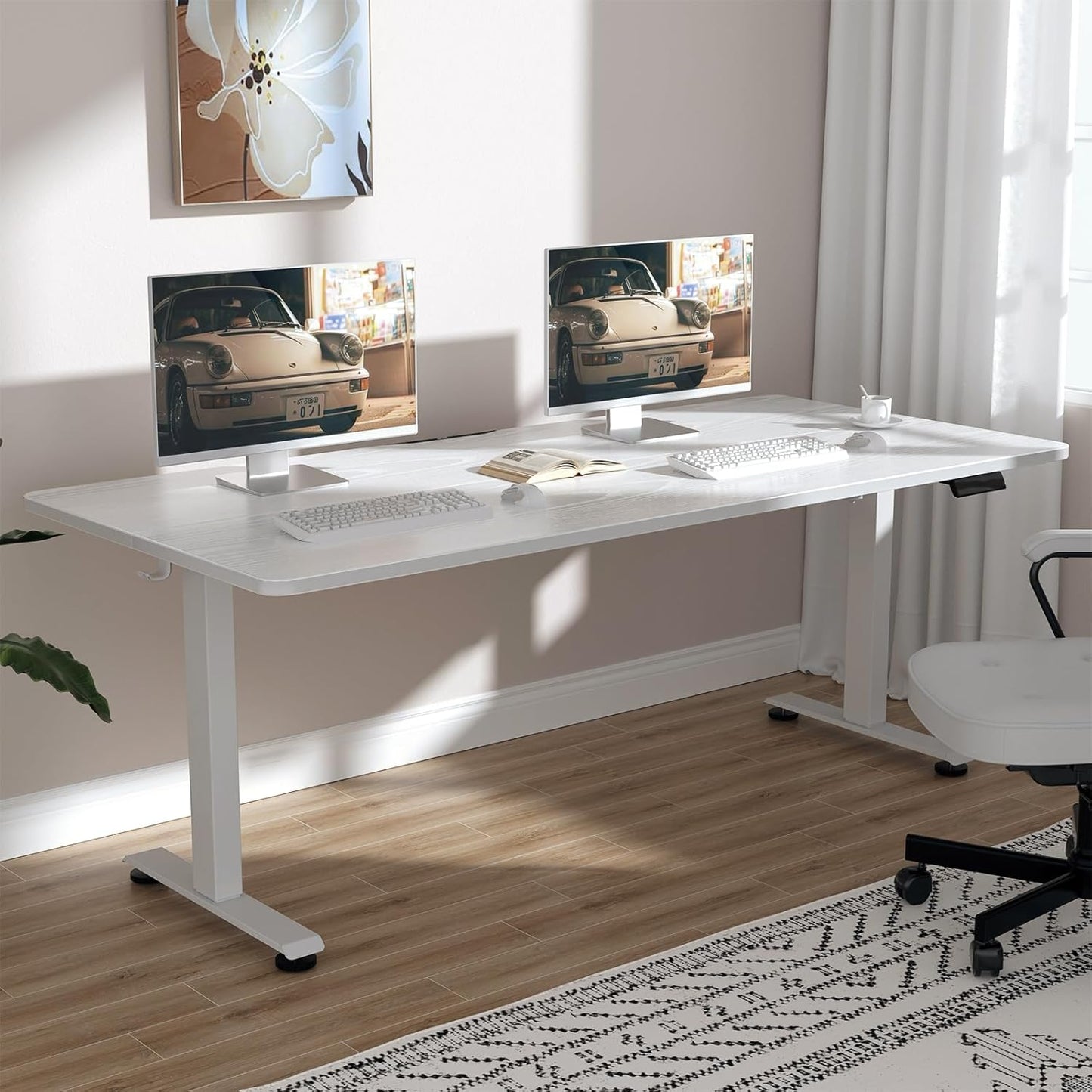 Veken 63x27.6 Inch Large Electric Standing Desk, 4 Memory Heights Adjustable,Sit to Stand Up, Work Home Office Computer Table for Walking Pad, Gifts for Dad, Wooden Desktop Desks, White