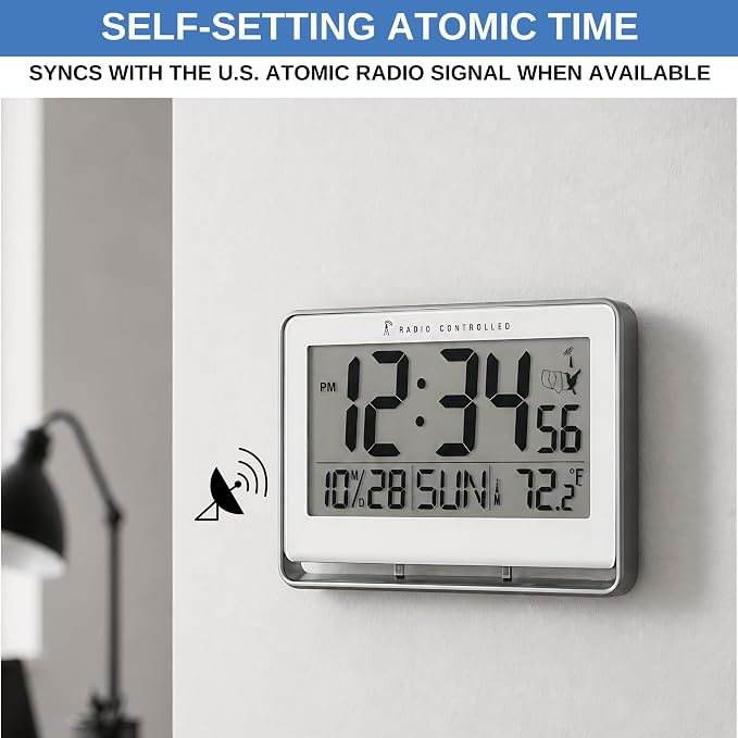 Atomic Digital Wall Clock, Battery-Operated, Large 2" LCD Numbers, Self-Setting - Image 3