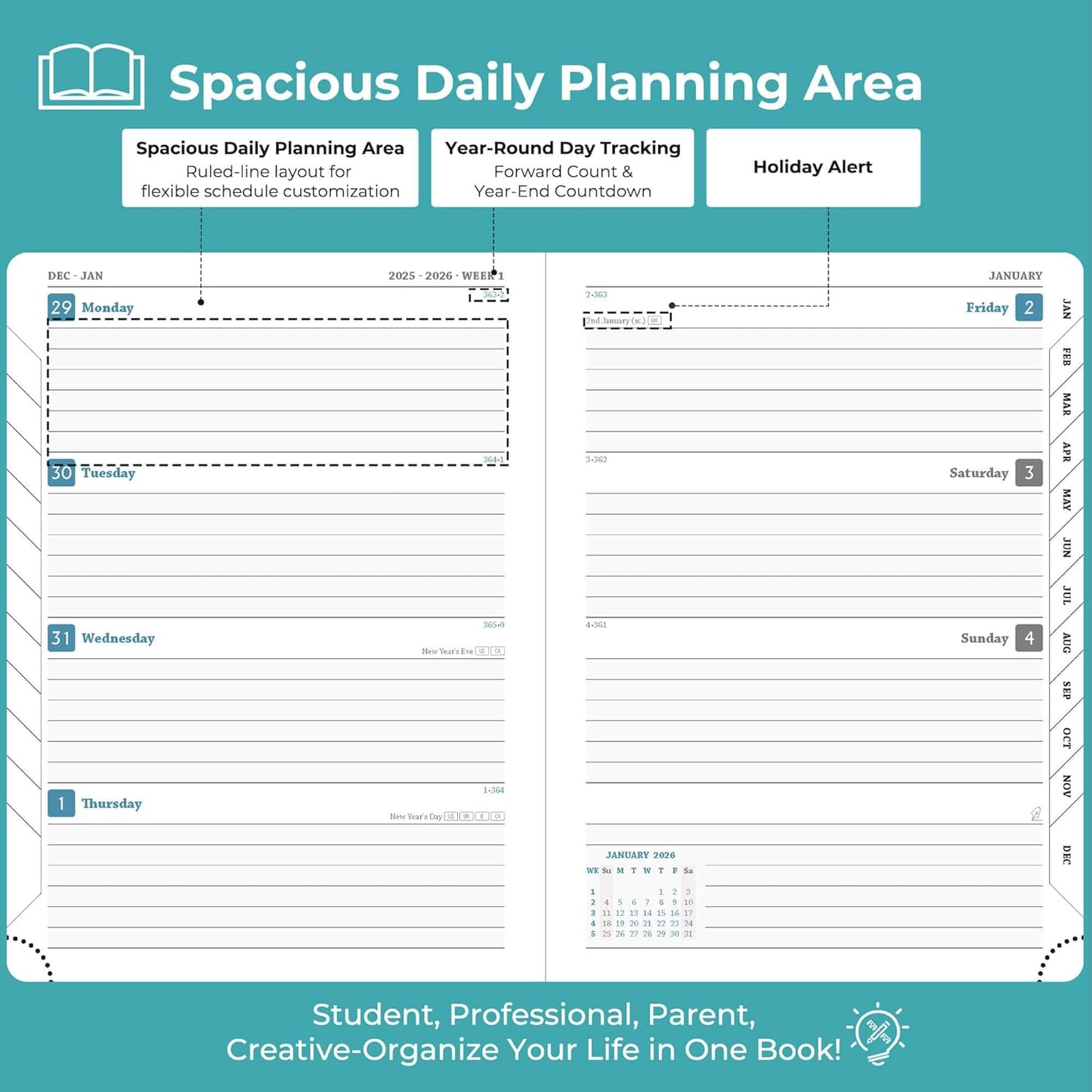 Planner 2026 Daily Weekly and Monthly,8.5"x6.5",12 Months Spiral Bound Calendar Agenda with Self-adhesive Pen Holder,2026 Appointment Book with Vegan Leather Soft Cover,Light Blue