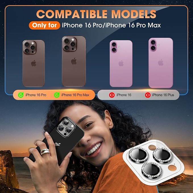 for iPhone 16 Pro/16 Pro Max Camera Lens Protector Bling Individual Metal - Image 5