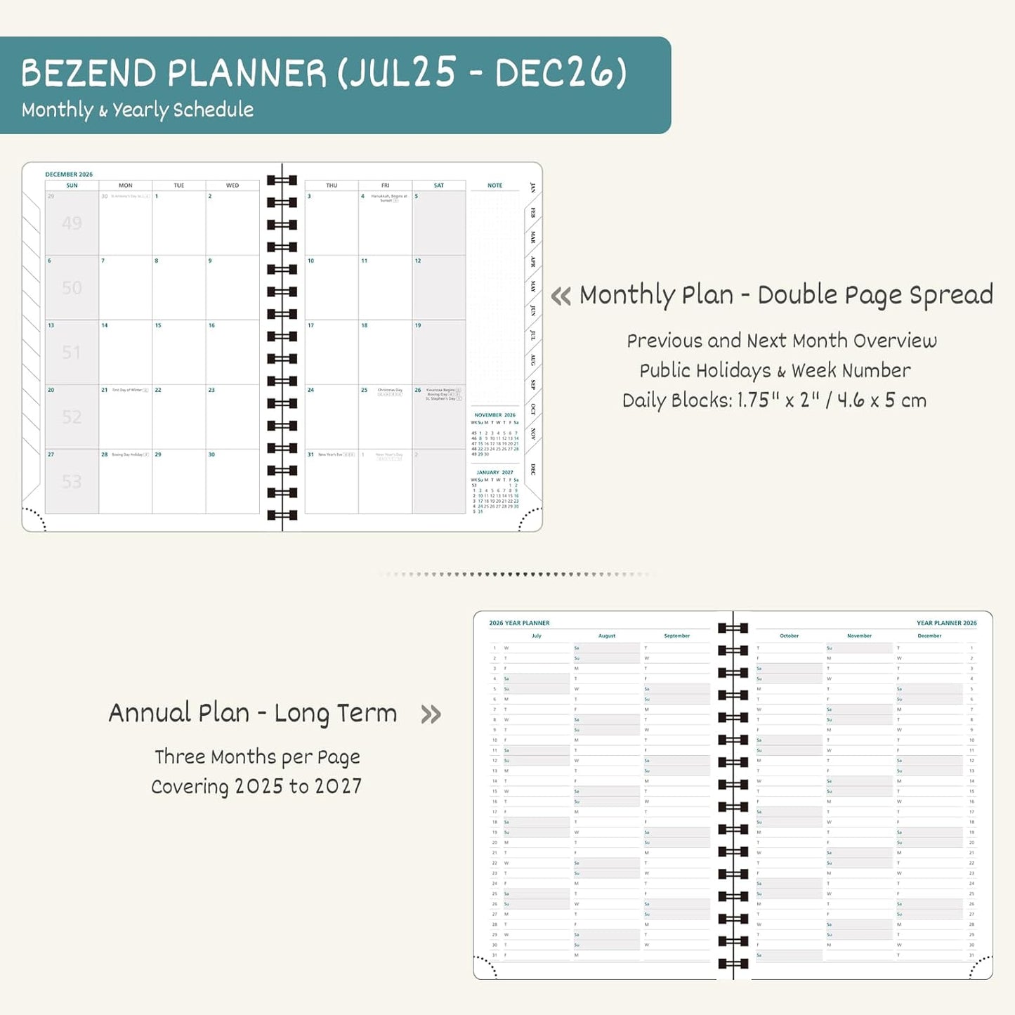 BEZEND Planner 2025-2026 Weekly and Monthly, 8.5" x 11" Academic Calendar (Jul 25-Dec 26) Vertical Daily Appointment with Hourly Timeslot & Monthly Tab, Spiral, PU Leather Softcover - Lavender