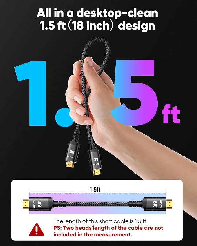 Snowkids 8K HDMI 2.1 Cable 1.5 ft, Non-Slip Nylon Braided, 48Gbps Ultra - Image 4
