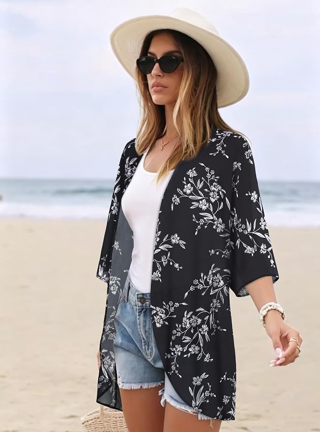 Women's Floral Print Puff Sleeve Kimono Cardigan Loose Cover Up Casual Blouse - Image 5