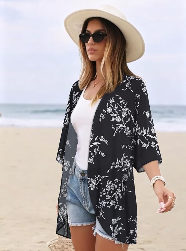 Women's Floral Print Puff Sleeve Kimono Cardigan Loose Cover Up Casual Blouse - Image 5