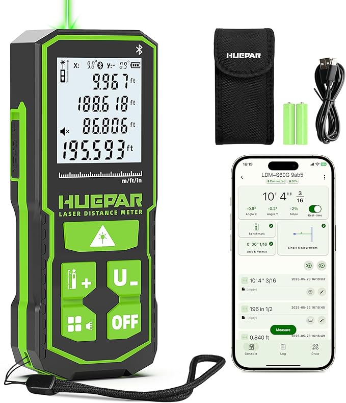 Huepar Professional Bluetooth Laser Measuring Tool S60-G-BT, 200ft | APP Control by Huepar