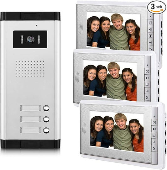 3 Units Apartment Video Intercom System, 7 Inch Monitor Wired Video Doorbell by AMOCAM