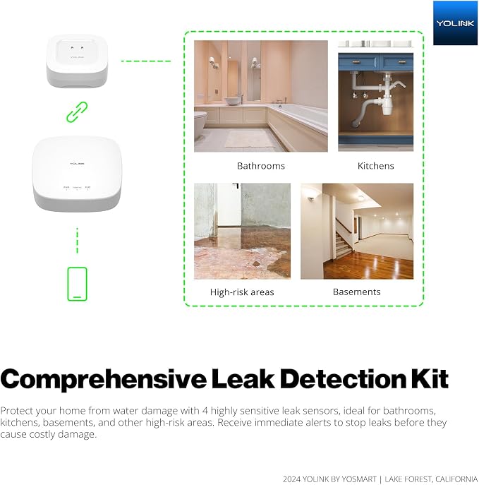 YoLink Smart Home Leak Detection Starter Kit – Hub + 4 Water Leak Sensors - Image 2