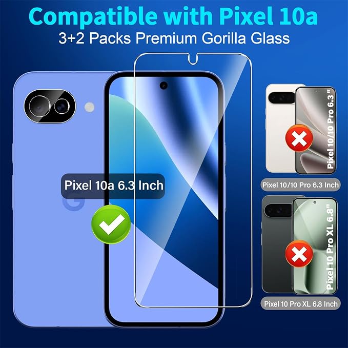 3 Pack for Google Pixel 10a Screen Protector Tempered Glass + 2 Pack Camera - Image 2