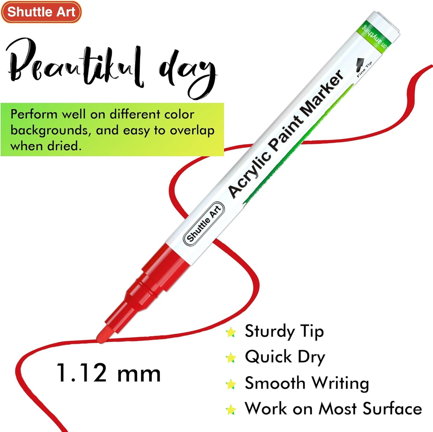 Shuttle Art Paint Pens, 42 Colors Acrylic Paint Markers, Low-Odor Water-Based Quick Dry Paint Markers for Rock, Wood, Metal, Plastic, Glass, Canvas, Ceramic