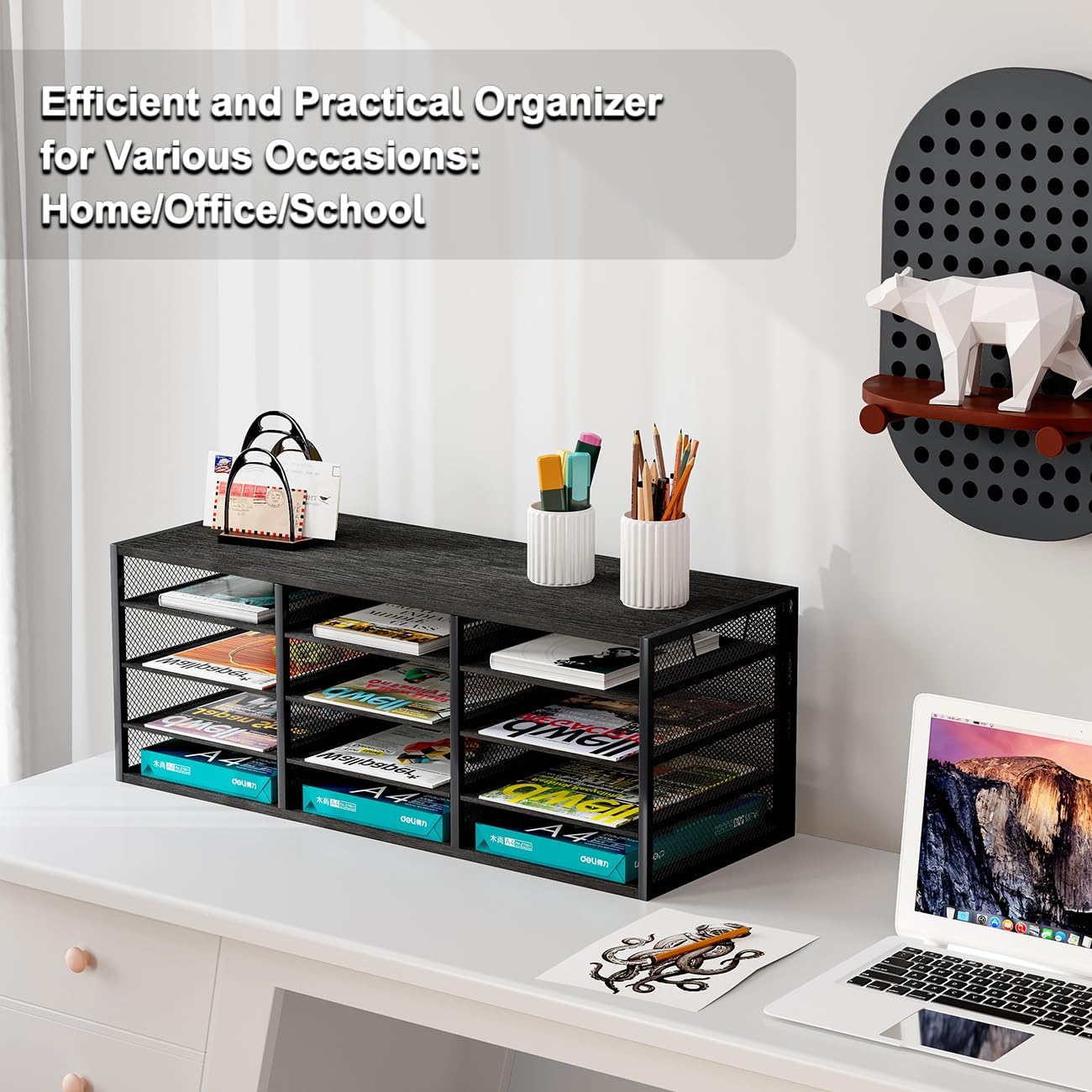 Mail Sorter Adjustable Countertop Heavy Duty Literature Organizer Student Mailbox for Classroom Desktop Bill Paper Holder Rack for Office Home School, 12 Compartments, Black