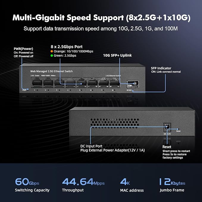 8 Port 2.5G Managed Switch, 8 x 2.5Gbps Base-T Ports and 10G SFP+ Slot - Image 3