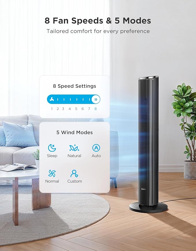GoveeLife Black Tower Fan for Bedroom, Temperature Sensor, 5 Modes 8 Speeds - Image 5