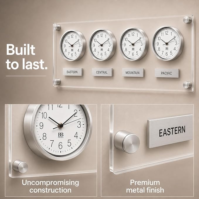 BBHORAIRE Silver Time Zone Wall Clock, Silent Quartz Analog World Clock - Image 8