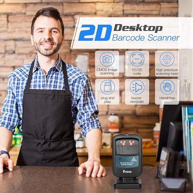 Eyoyo 2D Hands-Free Barcode Scanner, Omnidirectional USB Wired Desktop Barcode - Image 2