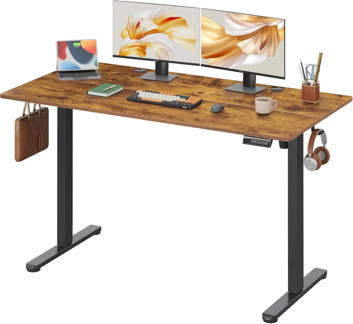 DEVAISE 55 Inch Electric Standing Desk, 3 Adjustable Height Stand up Desk for Home Office, Ergonomic Sit to Stand Desk with LED Touchscreen, Hook, 3 Memory Preset Computer Desk (Rustic Brown)