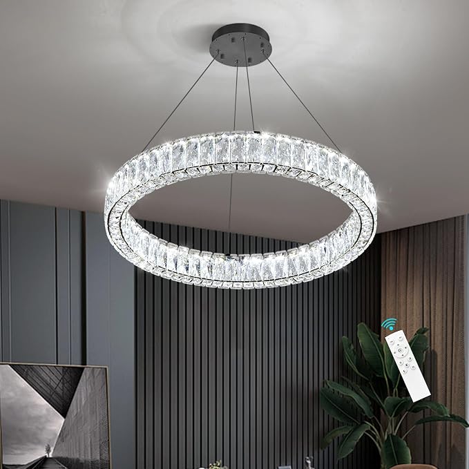 HAIXIANG Modern Crystal Chandelier Dimmable LED Ring Pendant Lights Adjustable - Image 4