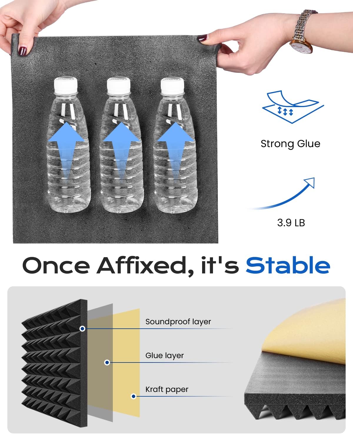 Sonicism Sound Proof Foam Panels for Walls Upgrade Self-Adhesive 16 Pack Pyramid 3"X12"X12" Acoustic Panels 35kg/m³High Density,Soundproof Wall Panels Fast Expand,Sound Absorption and Decoration,Black