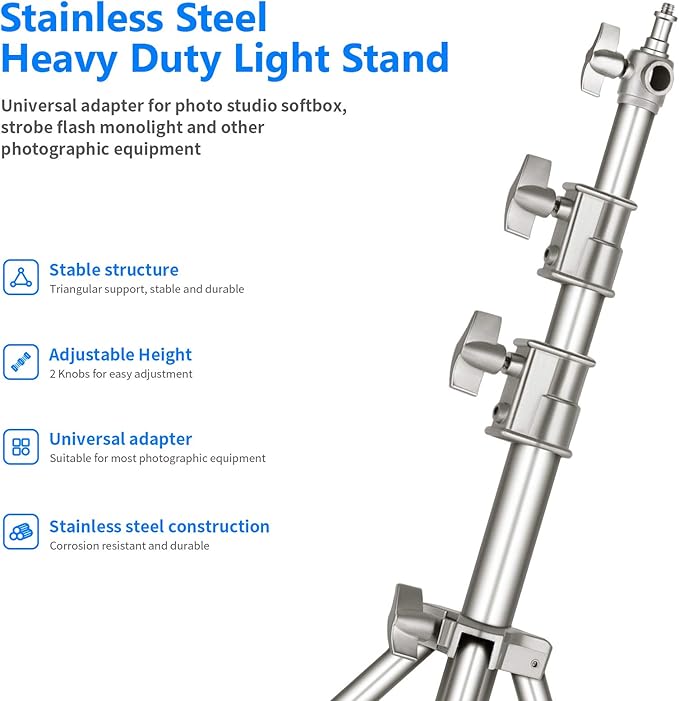 NEEWER 118"/3m Stainless Steel Light Stand, Spring Cushioned Heavy Duty - Image 2