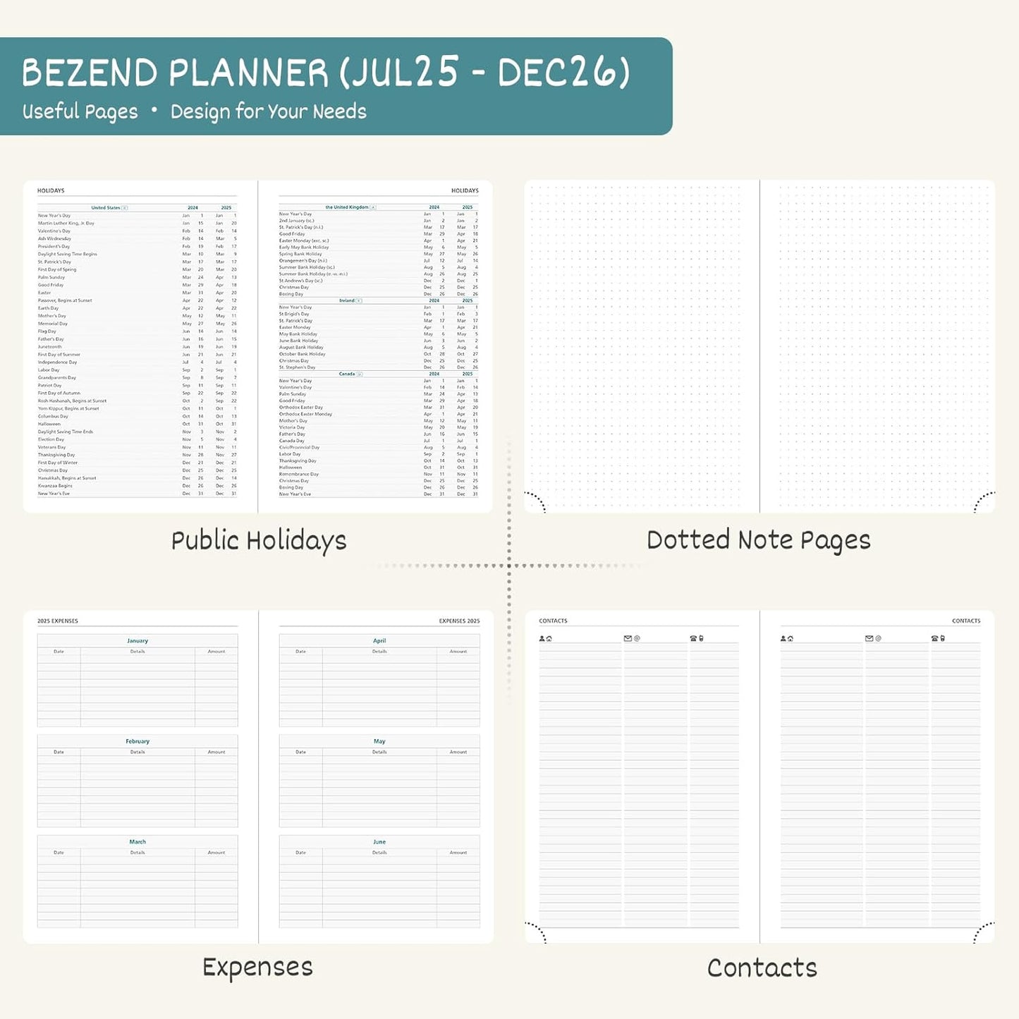 BEZEND Planner 2025-2026 Weekly and Monthly, 5.8" x 8.5" Academic Calendar (Jul 25-Dec 26) Vertical Daily Appointment with Hourly Timeslot & Monthly Tab, Spiral, PU Leather Softcover - Dark Green