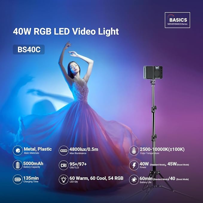 NEEWER BASICS BS40C Full RGB Magnetic Camera Video Light, 45W Boost Mode - Image 2
