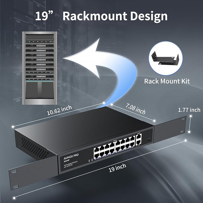 16 Port Gigabit PoE Switch, AUMOX PRO SG518P 18 Ethernet Unmanaged PoE - Image 7