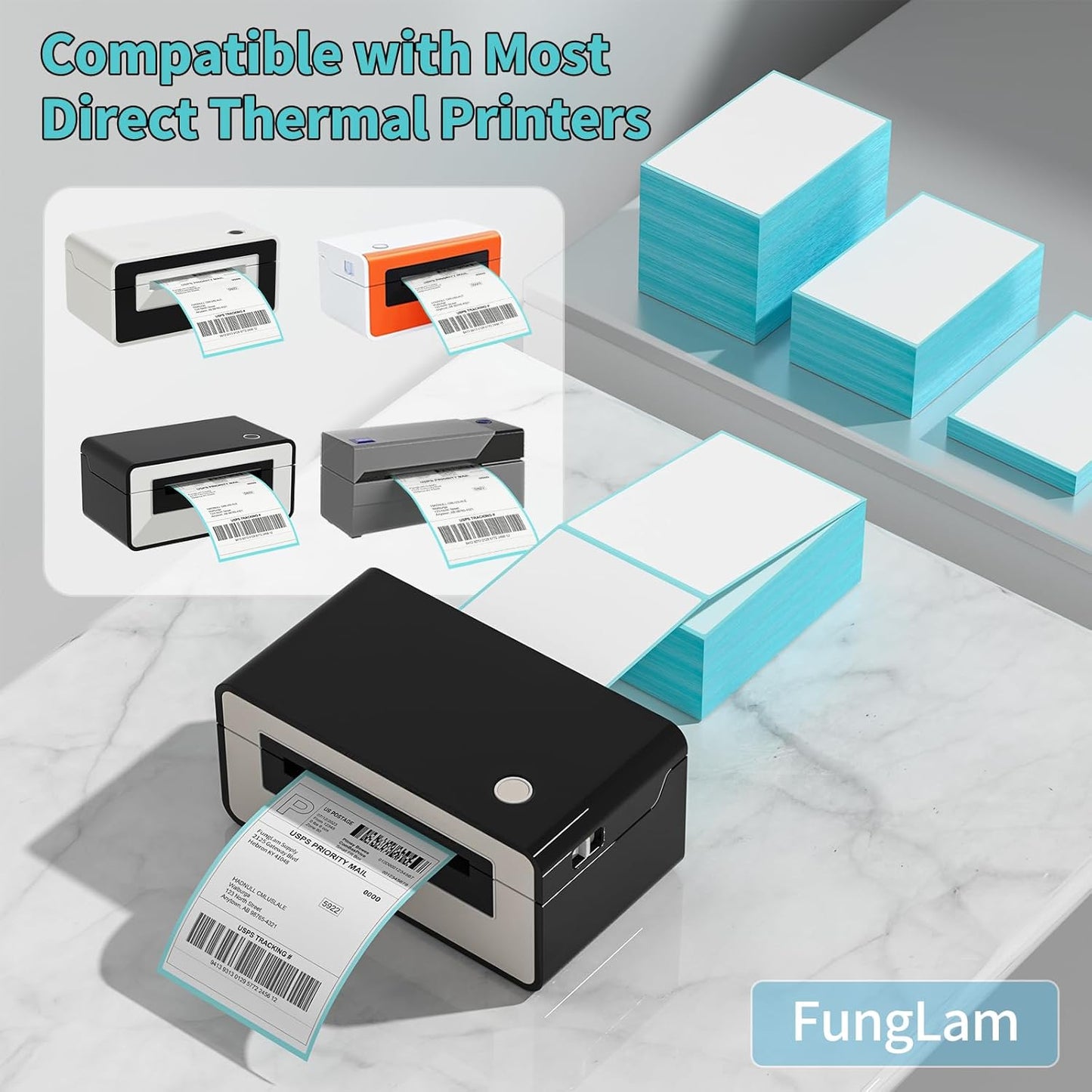 FungLam Direct Thermal Shipping Labels - 4x6 Thermal Labels Fanfold - Perforated and Strong Adhesive - 8000 Labels (1000 Labels per Stack, 8 Stacks)
