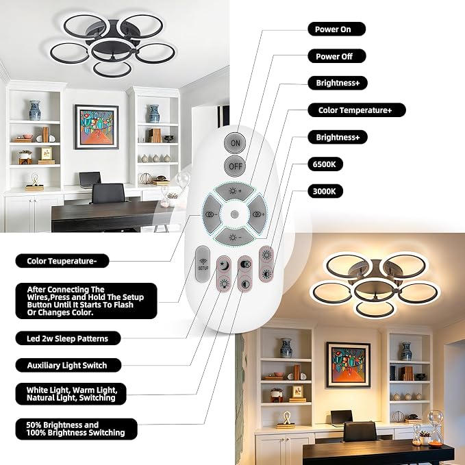 LED Ceiling Light, 6-Ring Modern Flush Mount Fixture, 77W Dimmable 3000K–6500K - Image 6