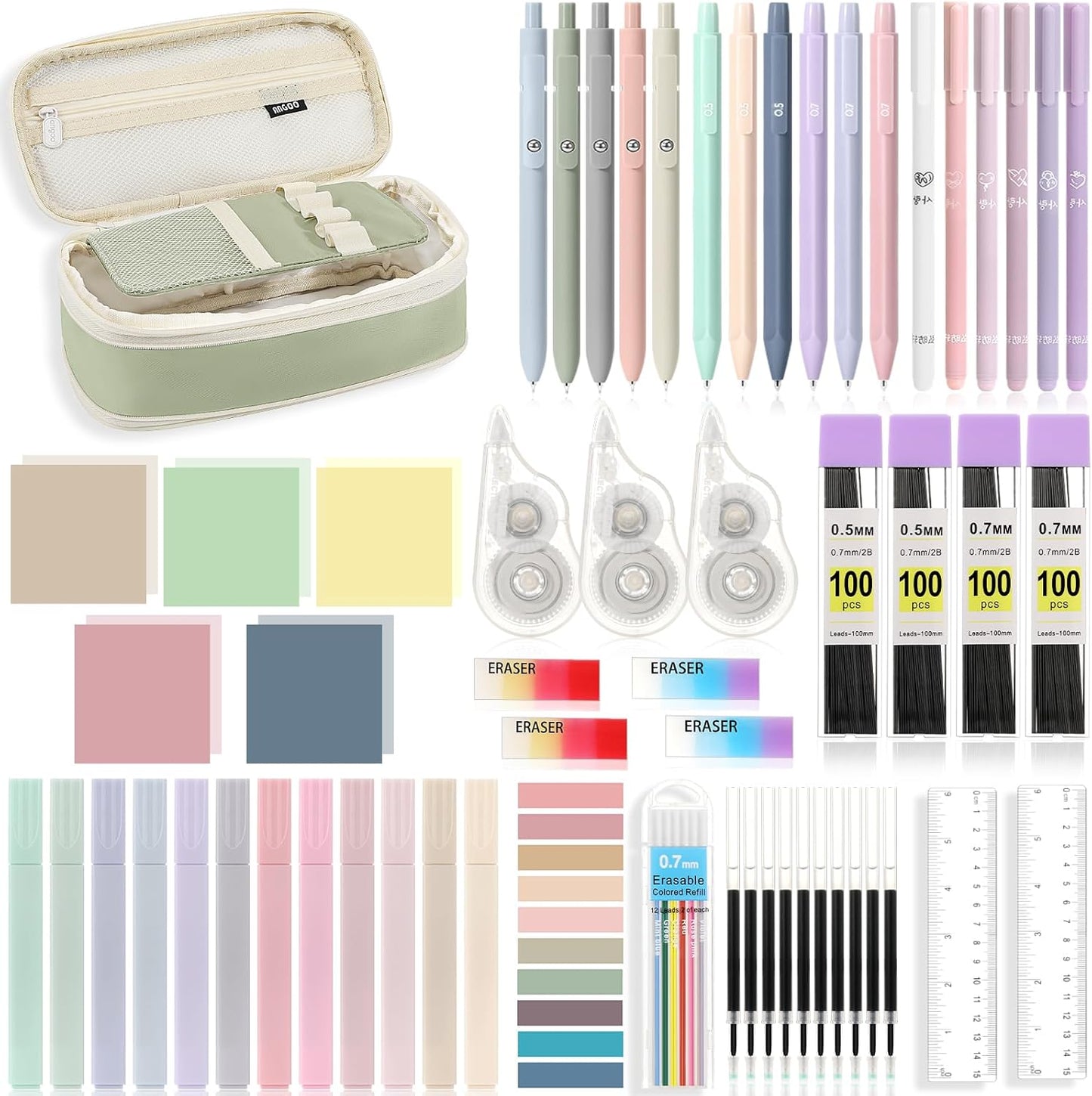 MoKo 60Pcs Aesthetic School Supplies with Cute Pencil Case,12 Pastel Highlighters,5 Black Ink Gel Pens,6 Mechanical Pencil Set 0.5 & 0.7 mm for Students Stationary College Essentials