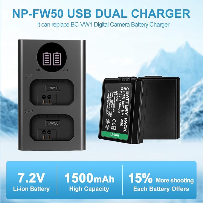 2-Pack NP-FW50 1500mAh Rechargeable Battery, - Image 3