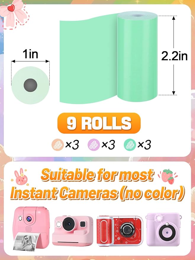 9 Rolls Kids Instant Camera Print Refill Paper- 1''×2.2'' Photo Printer Thermal - Image 5